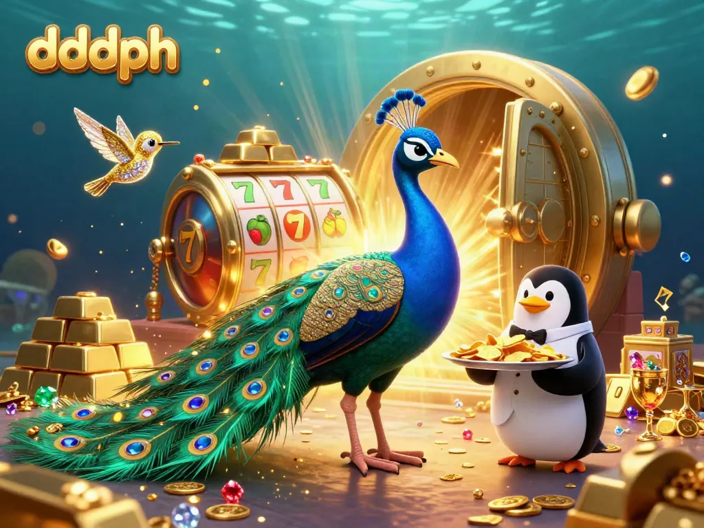 Engage with dddph's vibrant slot game scene featuring a peacock, penguin, and hummingbird amidst dazzling riches.