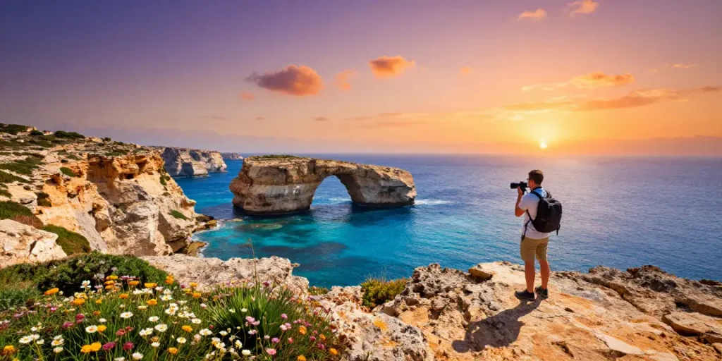 Traveler enjoying a Malta Gozo tour overlooking the Azure Window.