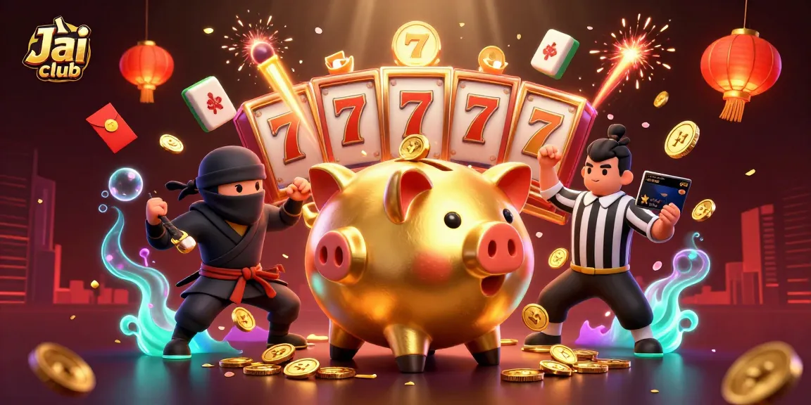 Jai club showcases a vibrant 3D casino scene featuring a golden piggy bank and dynamic slot game elements
