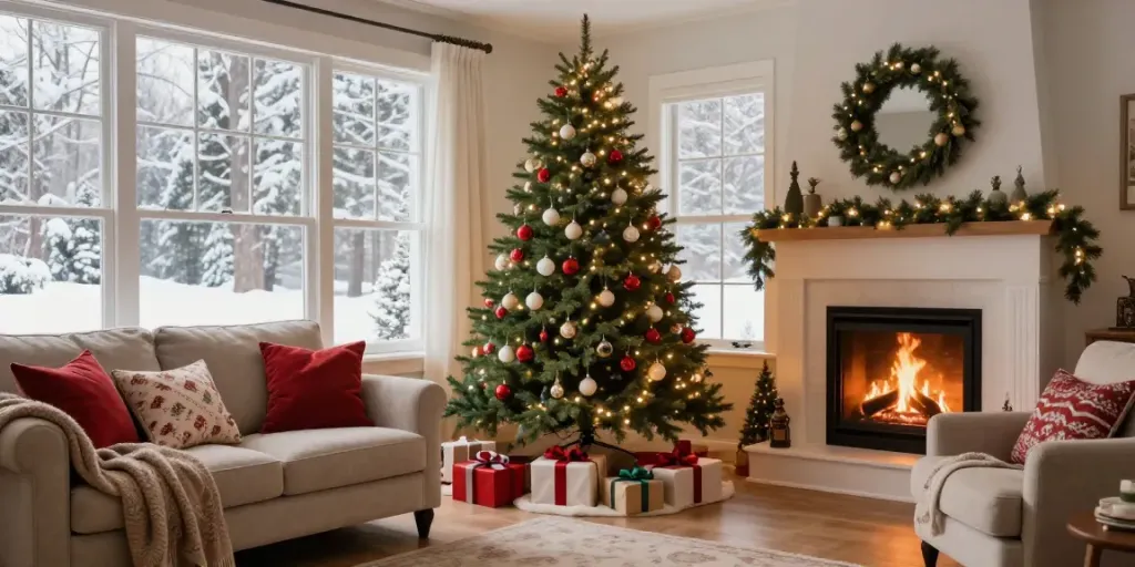 Tall skinny Christmas tree adorned with lights and ornaments in a cozy living room during winter.