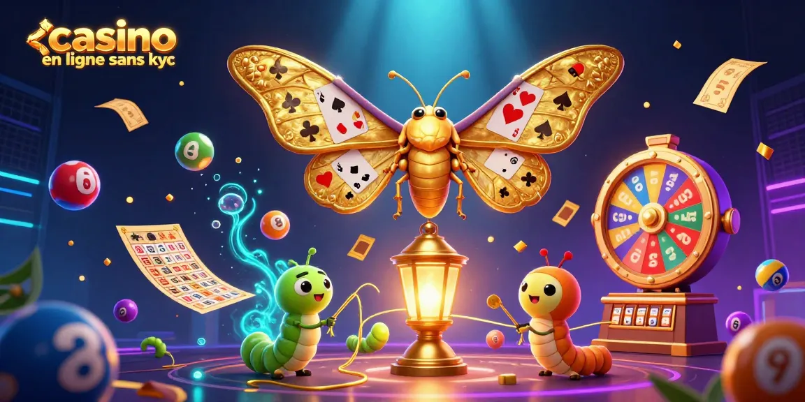 Plateau de jeux captivant de casino en ligne sans KYC, illustrant des éléments de loterie colorés et un papillon majestueux.