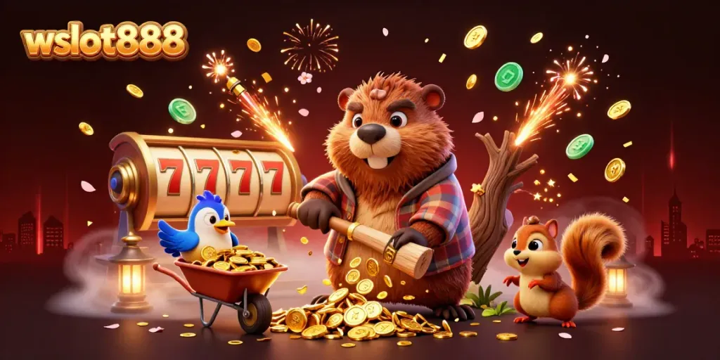 Menangkan jackpot bersama wslot888 dalam ilustrasi kartun yang menampilkan karakter menarik dan elemen perjudian.