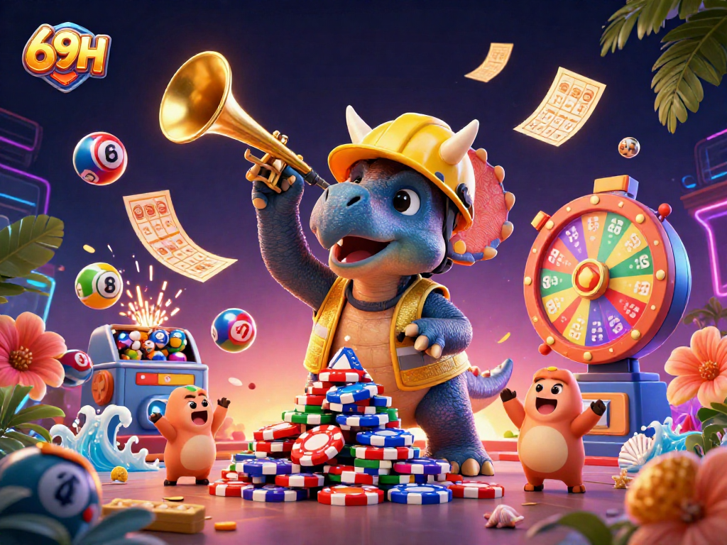 69H aposta em diversão com triceratops e elementos de bingo vibrantes.