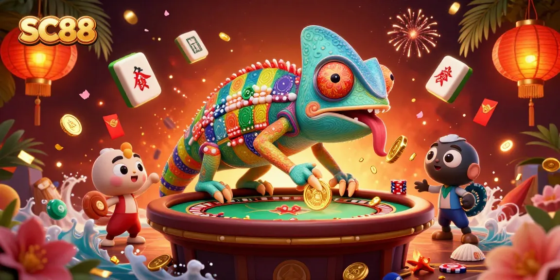 Engage in vibrant casino play with SC88 featuring animated chameleon and lively game elements.
