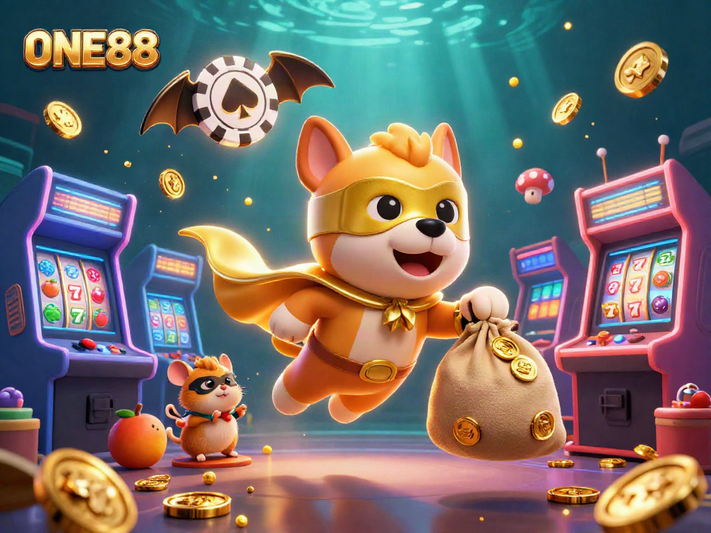 ONE88 cartoon superhero dog flies with gold coins, surrounded by slot machines and vibrant game effects.