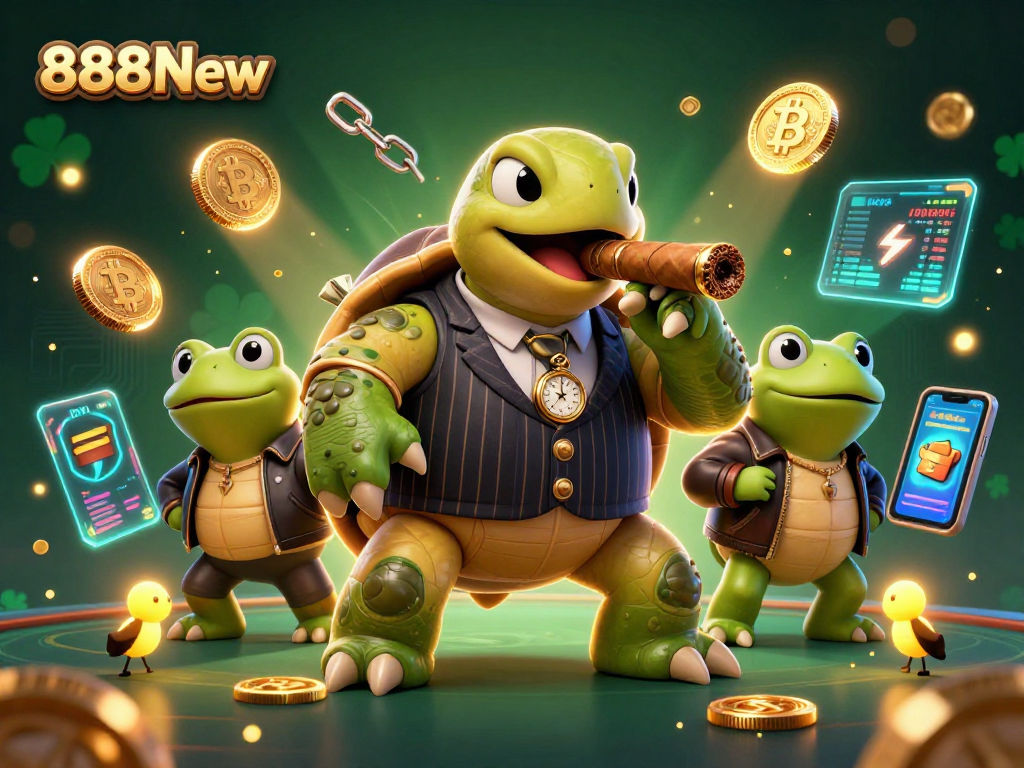 Experience the thrill of 888New with a stunning scene featuring a turtle and bullfrogs in a lively casino setting.