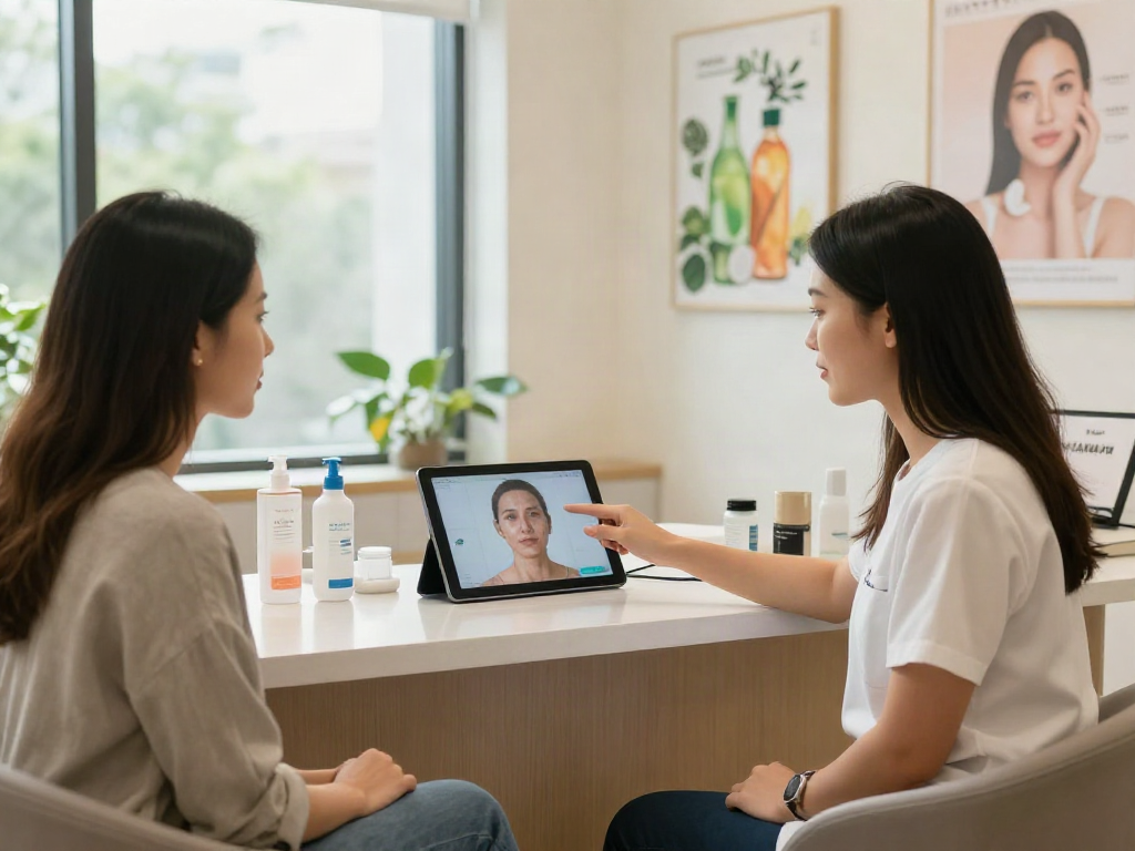 ClinicEvo cheaper than QOVES consultation scene with aesthetician examining facial analysis