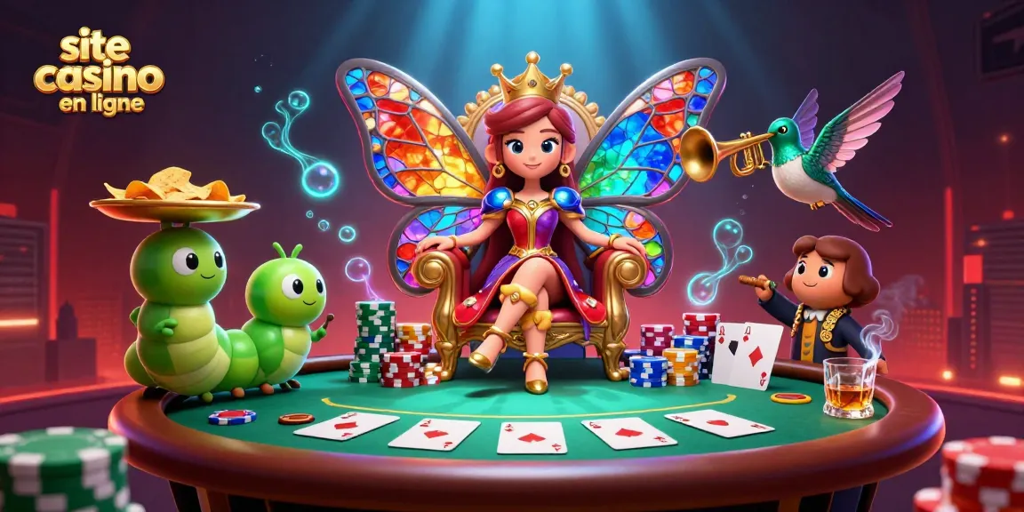 Illustrez le monde des jeux d'argent sur un site casino en ligne avec une reine papillon colorée.