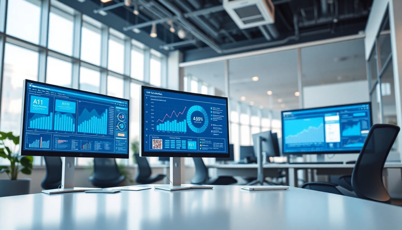 Ai agents collaborating in a modern office setting with technology displays.