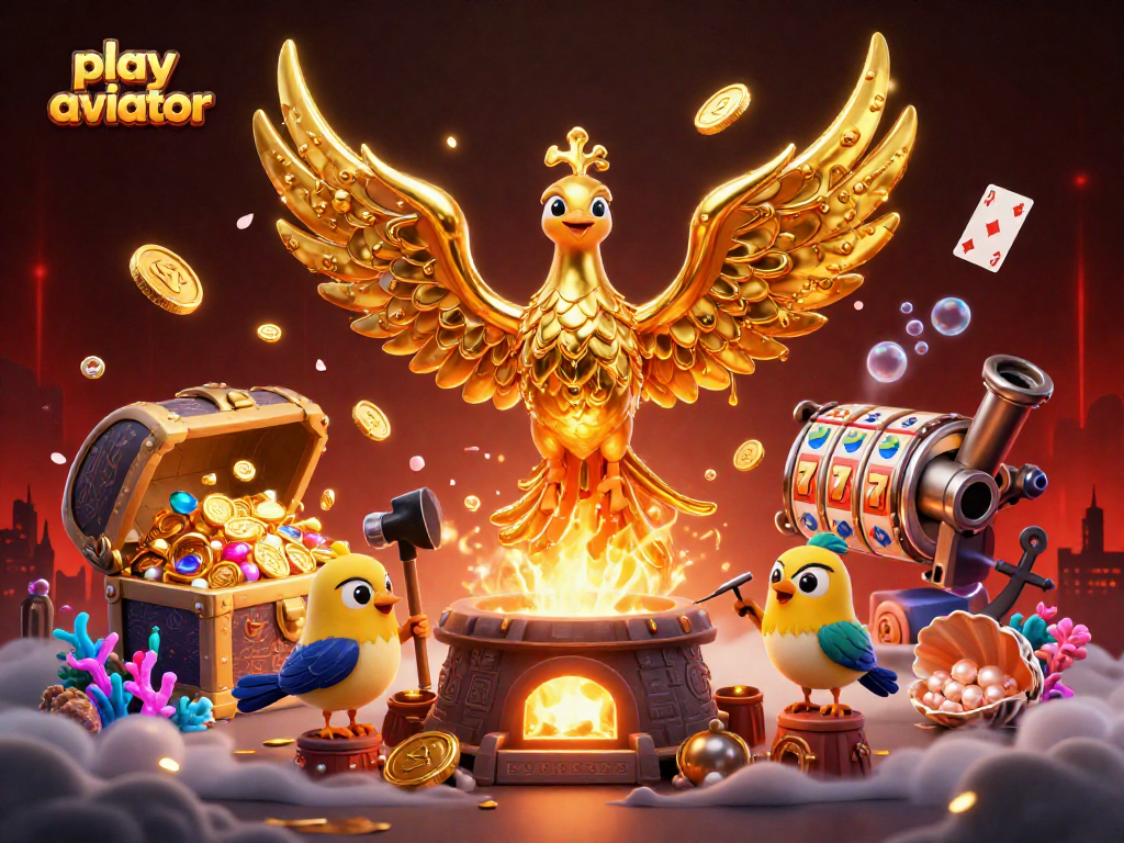 Play Aviator with a golden phoenix soaring and casino elements like slot reels and coins.