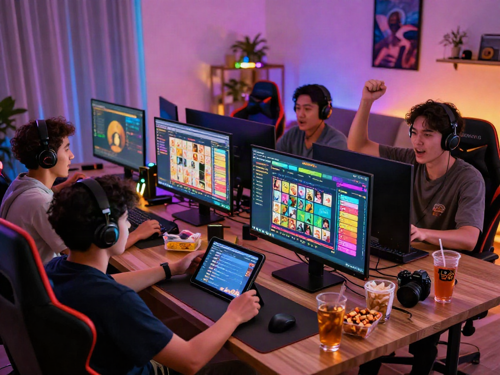 Exciting group of players enjoying bandar ze togel online in a vibrant gaming room, showcasing screens, snacks, and engagement.