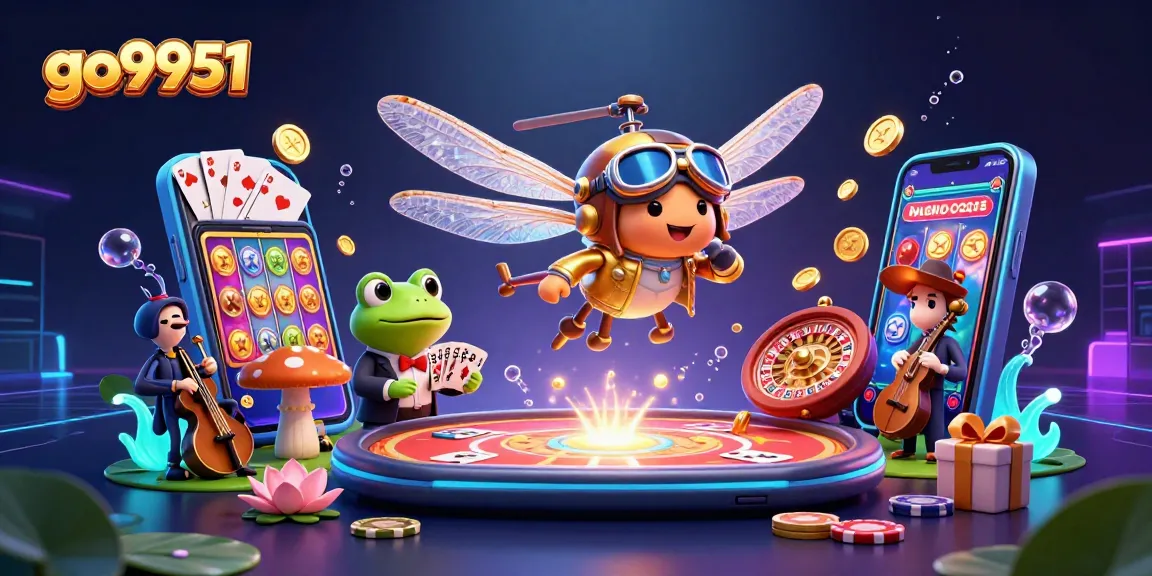 Experience thrilling gameplay at go9951 with vibrant cards, coins, and a unique casino scene.