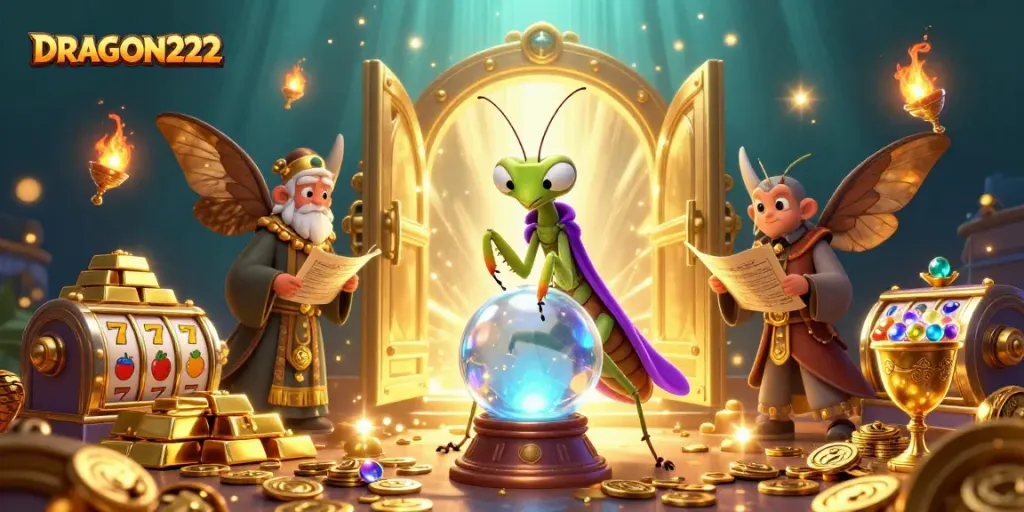 Experience the magic of DRAGON222 with a vibrant casino-themed 3D illustration featuring fortune tellers and treasures.