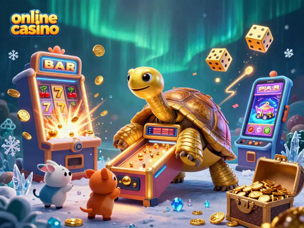 Juega en un casino online mientras observas una tortuga dorada gigante de pinball y un explosivo jackpot.