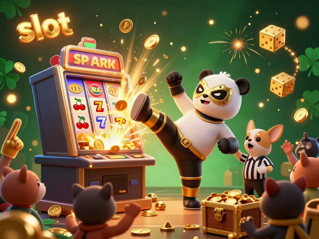 Experience the excitement of slot machines with a panda wrestler, colorful game symbols, and lively animal spectators.