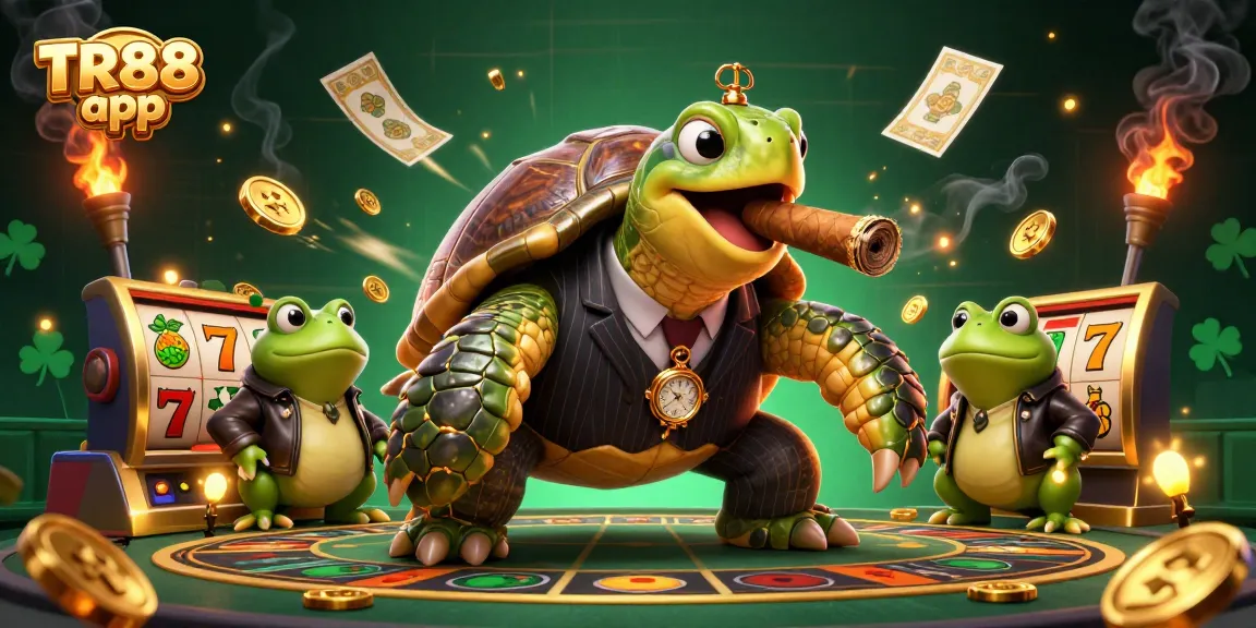 Engage with the TR88 app in a dynamic casino scene featuring a mobster turtle and frogs.