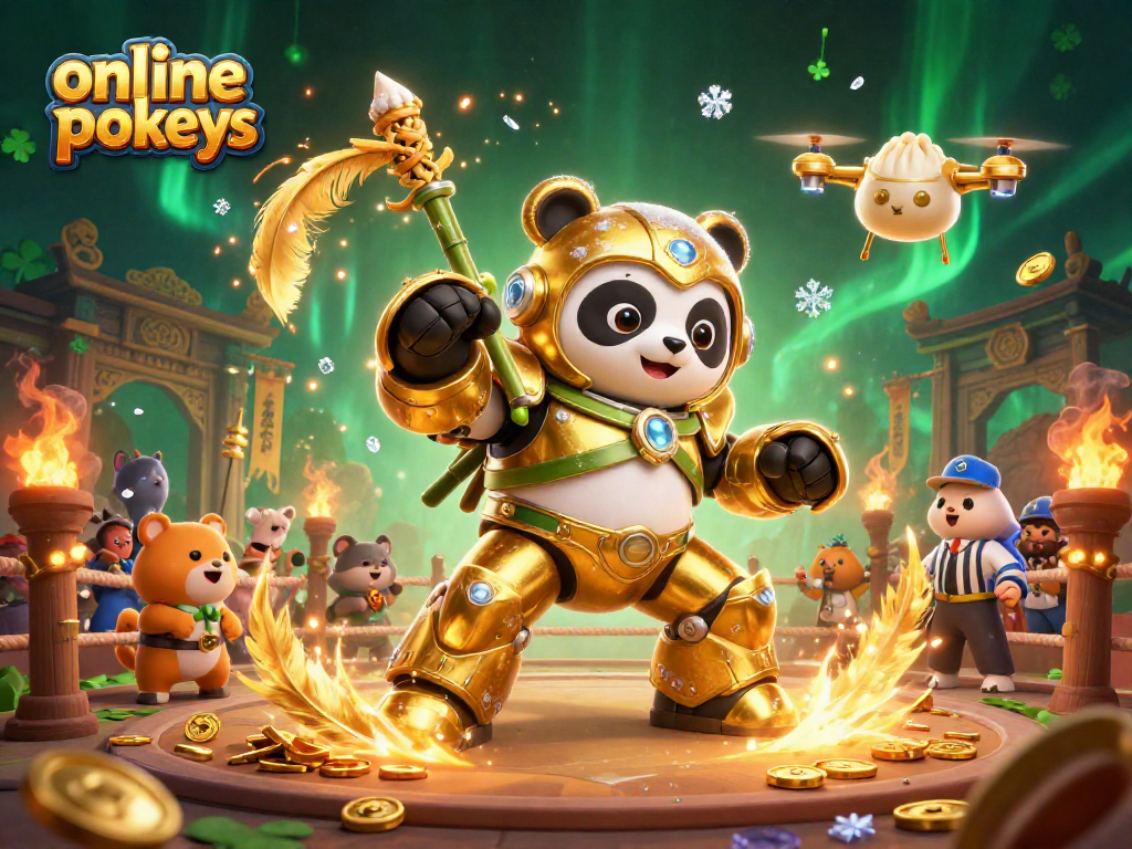 Engage with online pokies in an action-packed arena featuring a golden panda and vibrant details.