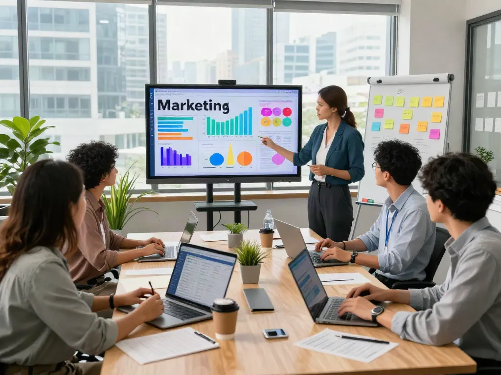 Digital marketing strategy session, showcasing More details on poshuk.info with team engagement and analytics presentation.