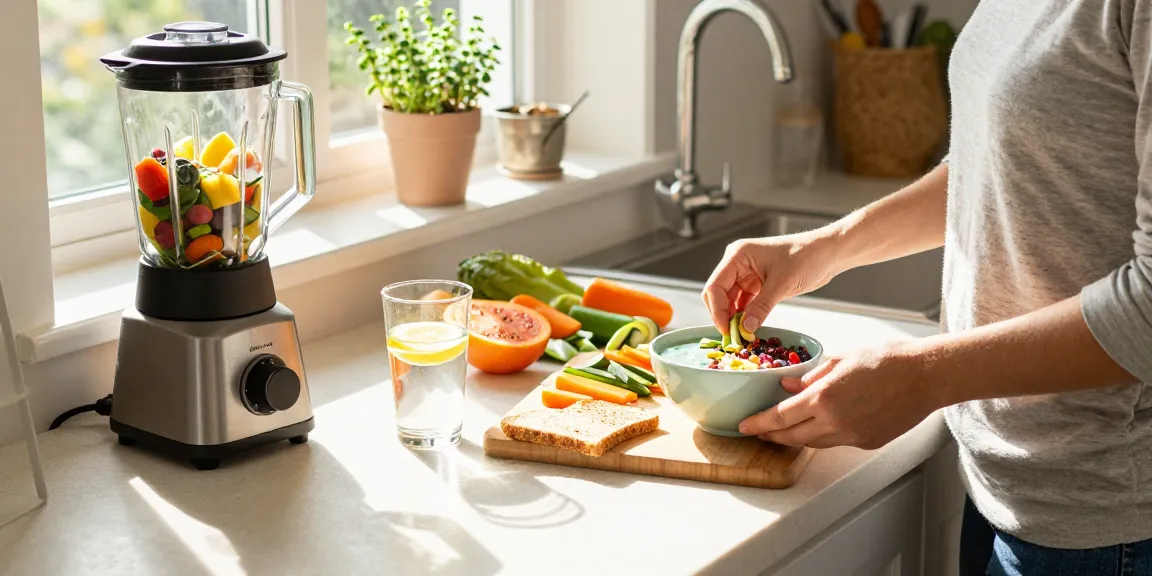 Health tips for a nutritious breakfast prepared in a bright kitchen with fresh fruits and vegetables.