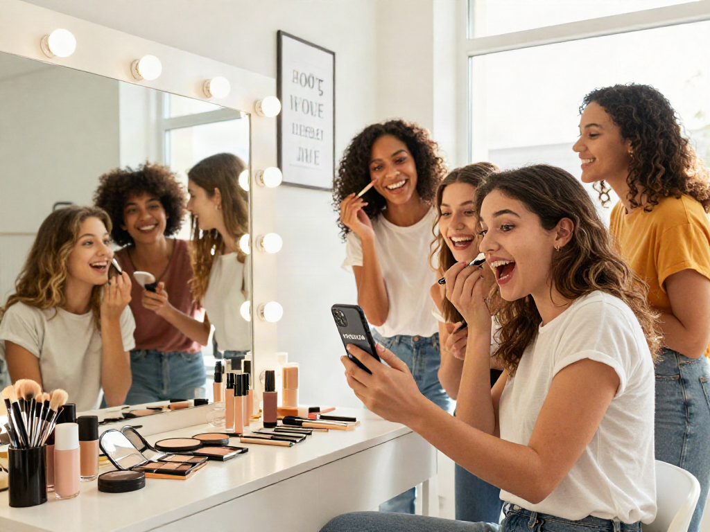 Friends sharing a fun moment discovering how old do I look in a bright beauty studio.