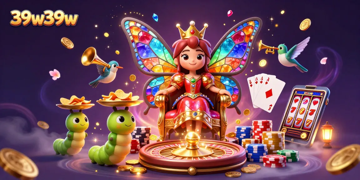 39w39w features a enchanting butterfly queen and casino action with chips, cards, and coins.