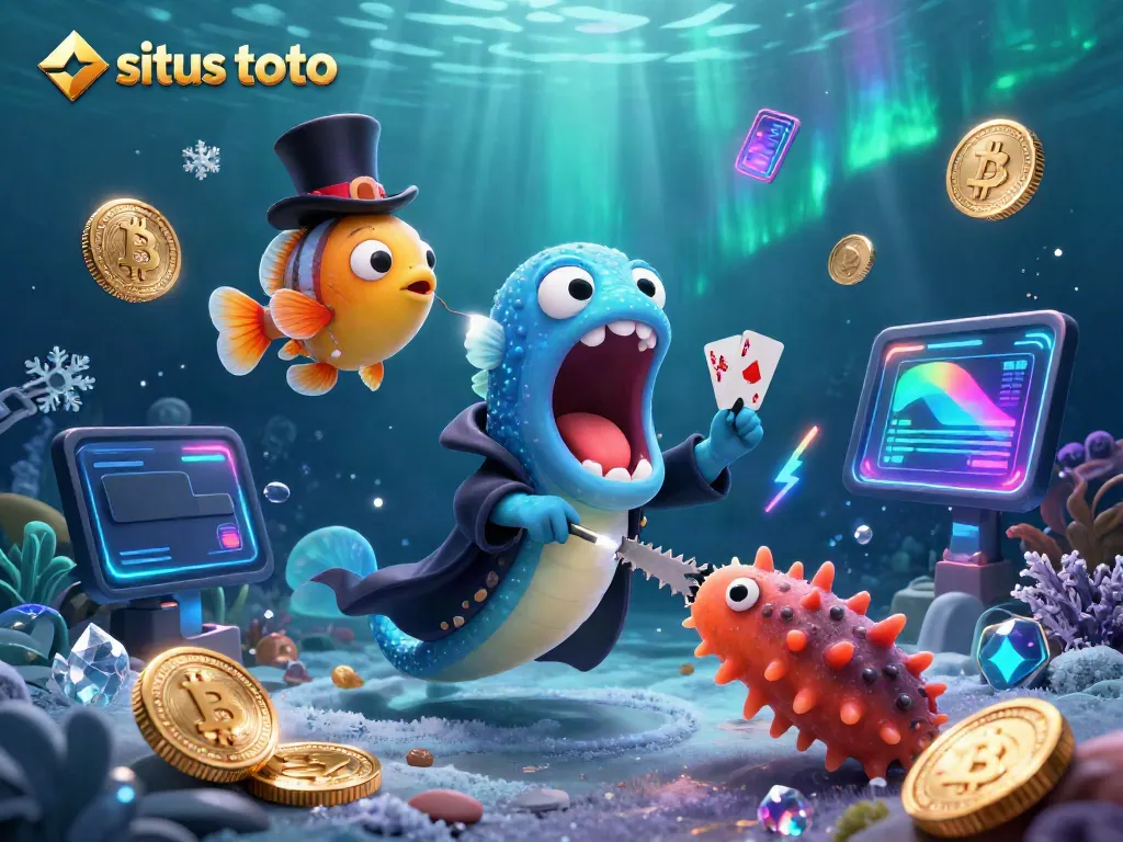 Experience situs toto with this animated underwater casino scene showcasing vibrant creatures performing magic tricks.