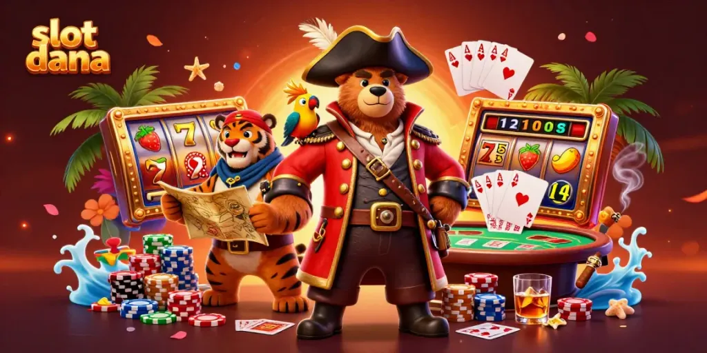 Gambarkan momen memukau slot dana dengan karakter unik dan simbol slot berwarna-warni.