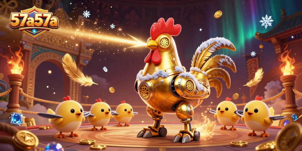 Engage with 57a57a’s vibrant casino world in a dynamic scene featuring a golden rooster robot and chick drone crew.