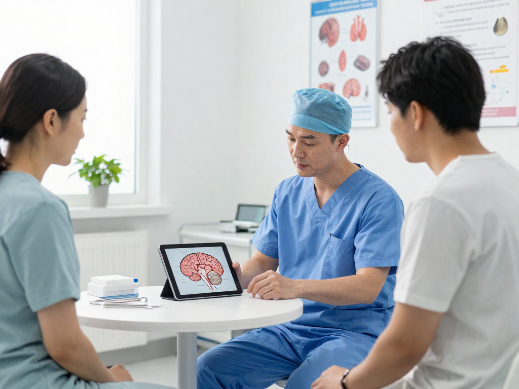Beyin tümörü ameliyatı consultation with patient and medical professional discussing treatment options.