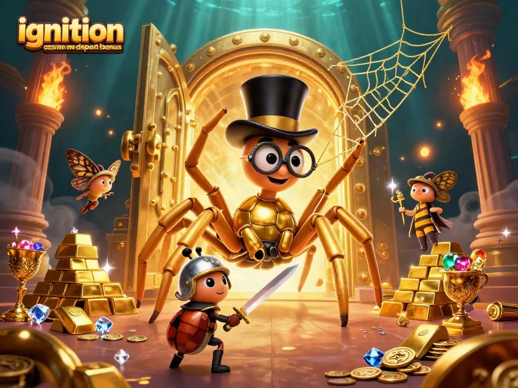 Ignition casino no deposit bonus showcased with a giant golden tarantula weaving a web in a dazzling 3D casino scene.