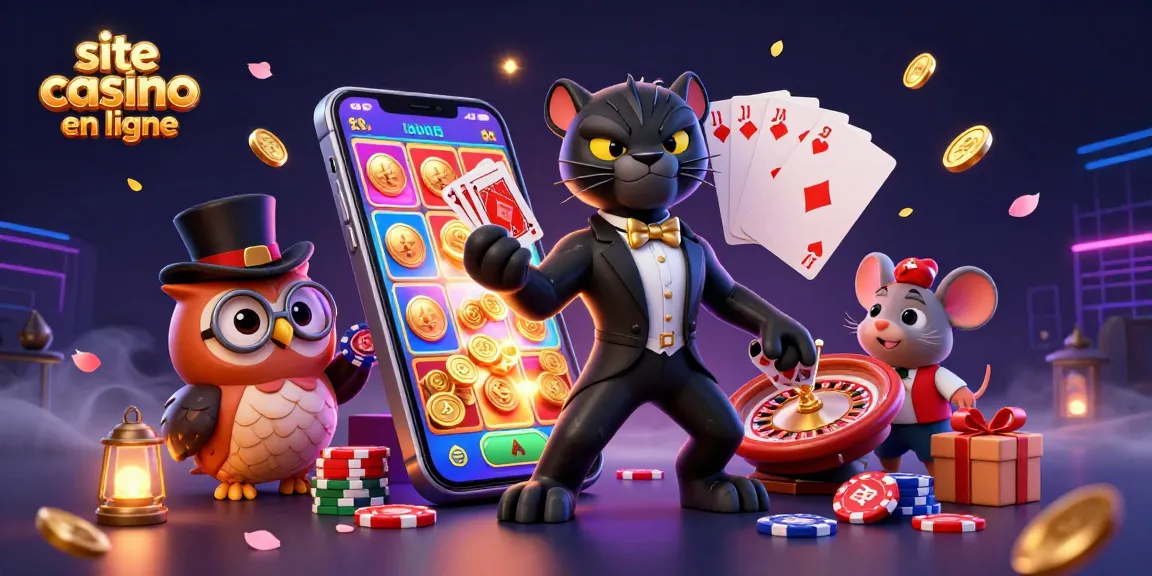 Un site casino en ligne vibrant avec une panthère, un hibou et une souris, jouant aux cartes.