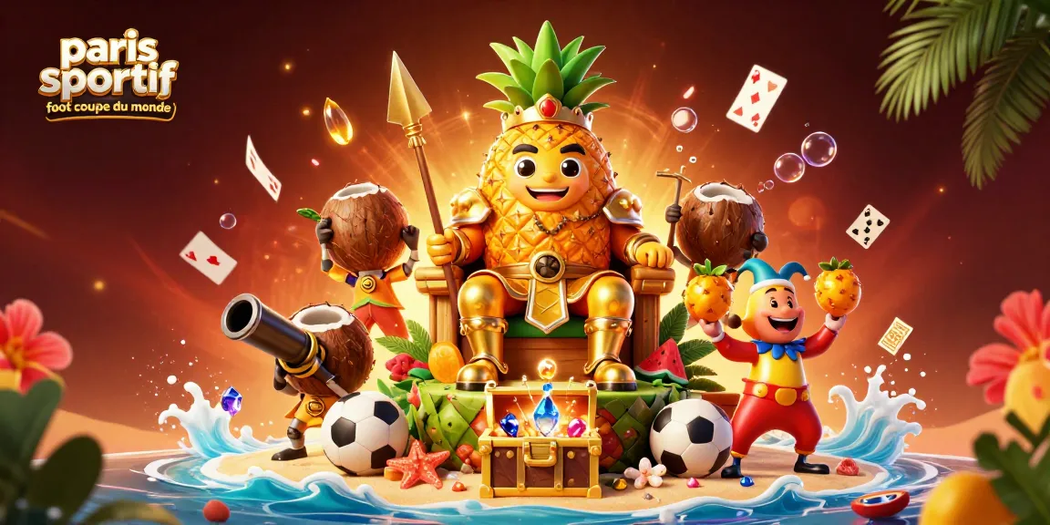 Pari sportif foot Coupe du Monde: mise en scène dynamique d'un roi ananas doré entouré de gardes en noix de coco et d'un jongleur de mangue.