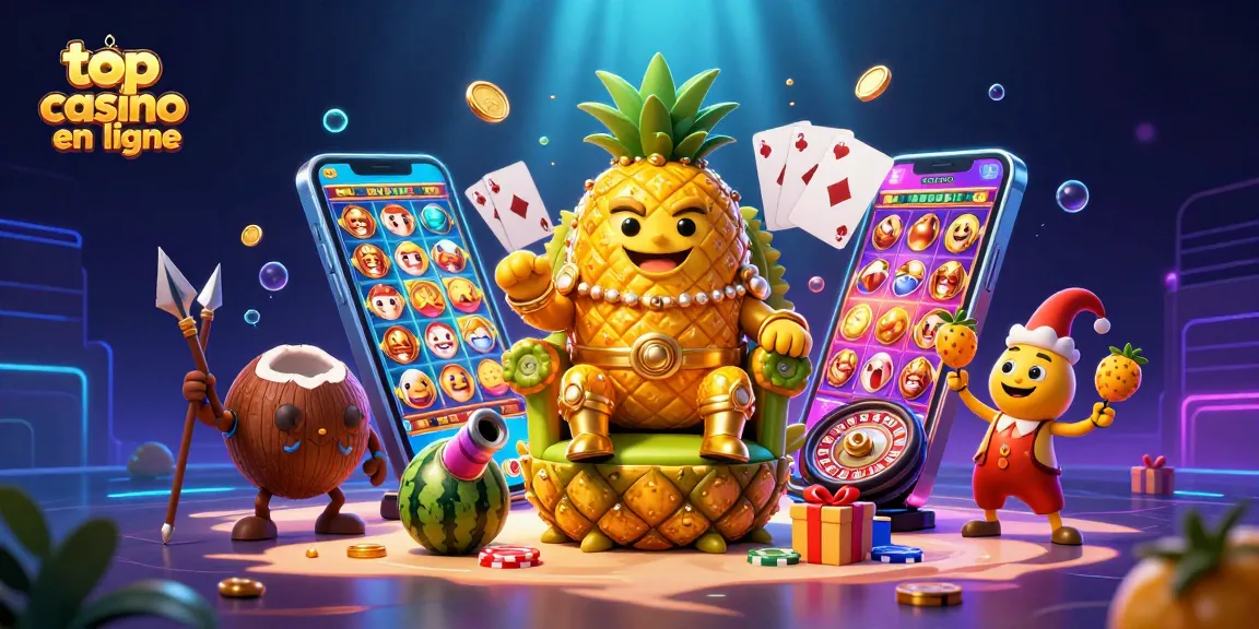 Jouer dans le meilleur casino en ligne avec le roi ananas doré entouré de personnages colorés.