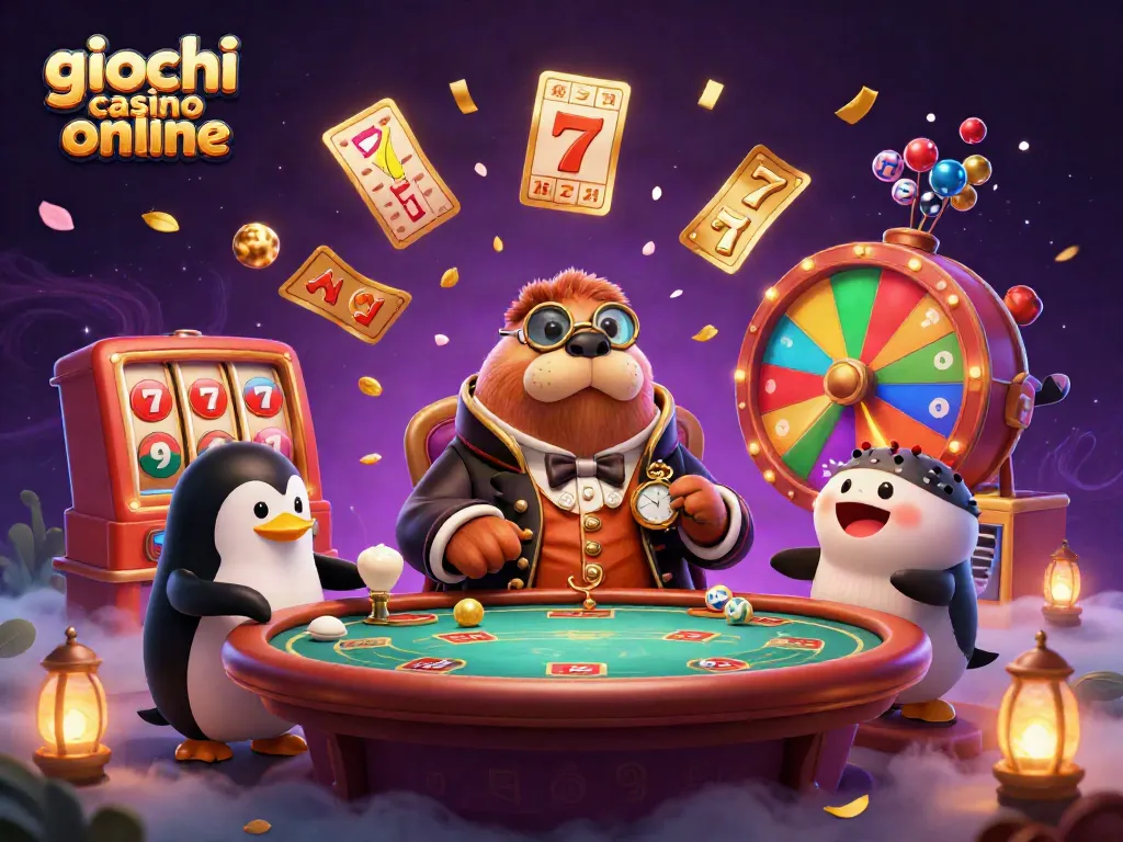 Gioca ai giochi casino online con il walrus e il dealer pinguino in un'illustrazione 3D affascinante.