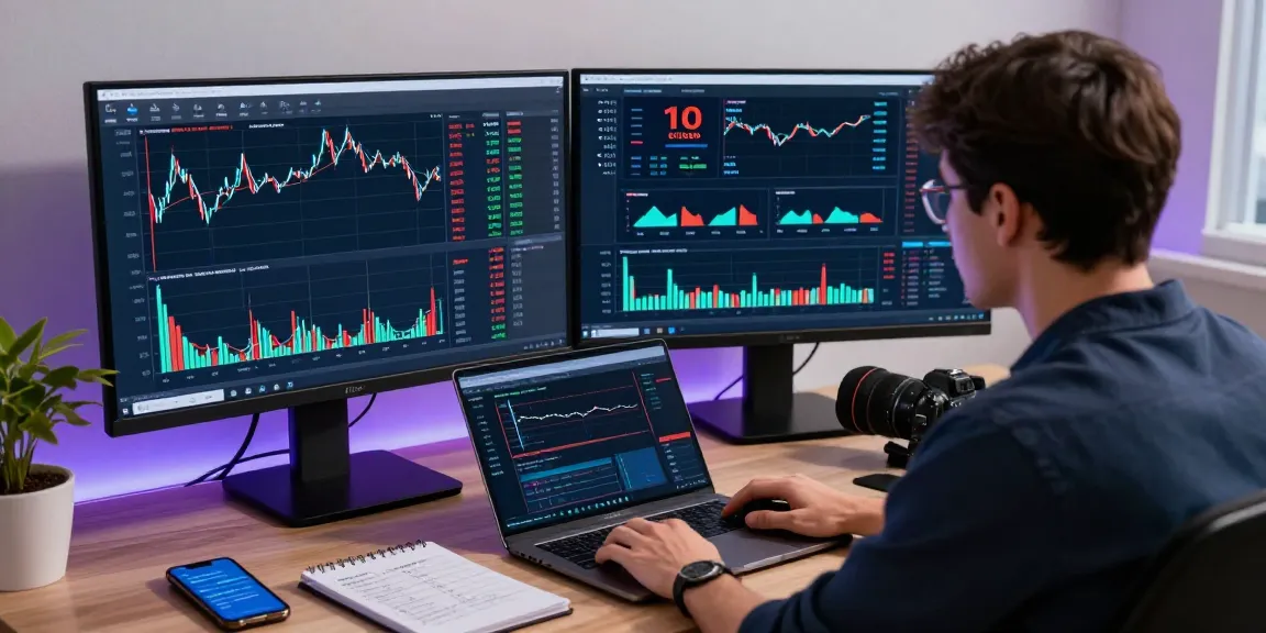 Trader using mt5 software analyzing market data with advanced tools and vibrant workspace elements.