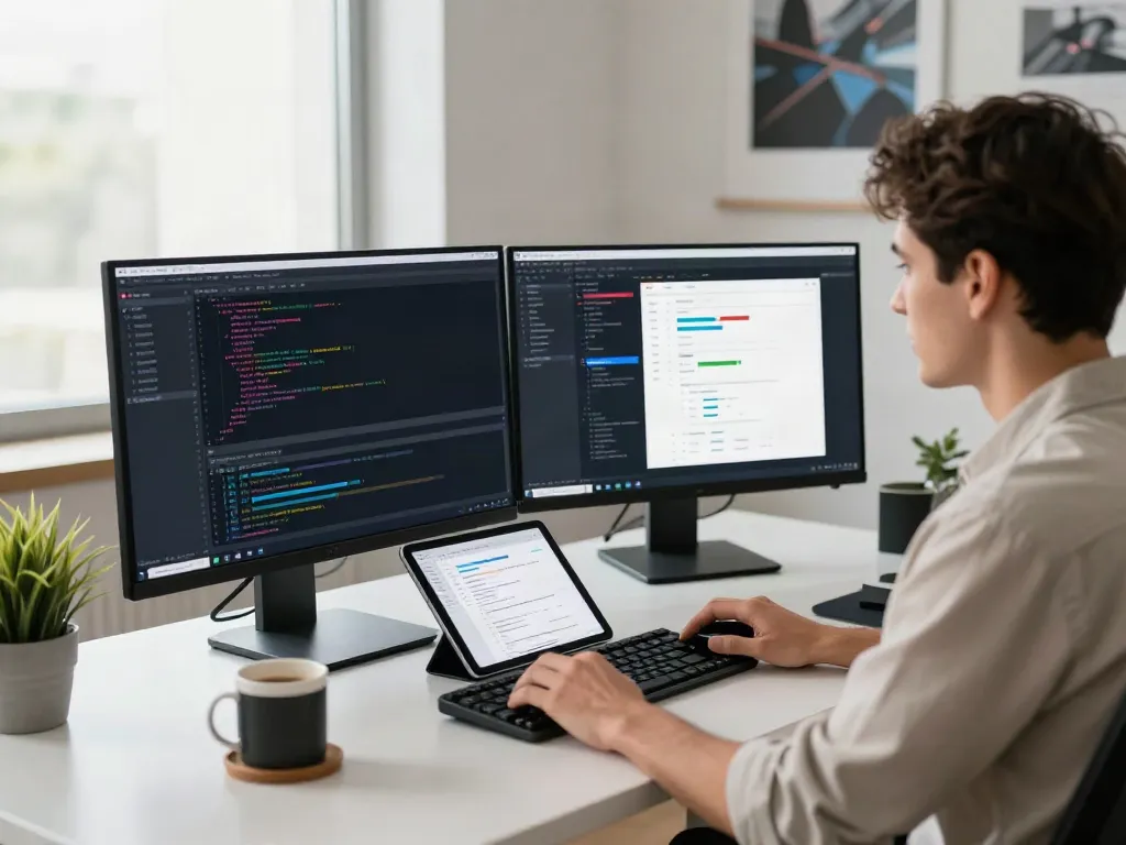 v2rayN官网 tech workspace with a developer coding on dual monitors in a bright environment