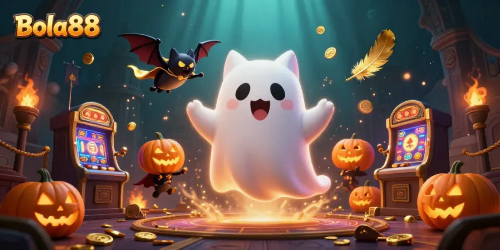 Bola88 themed illustration featuring a friendly ghost cat and a vampire bat in a haunted casino setting.