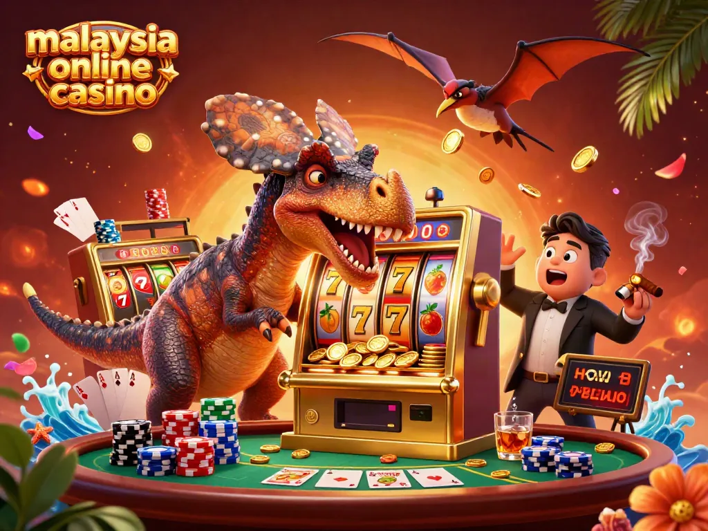 Experience excitement at a malaysia online casino with a pachycephalosaurus winning gold coins from a slot machine.