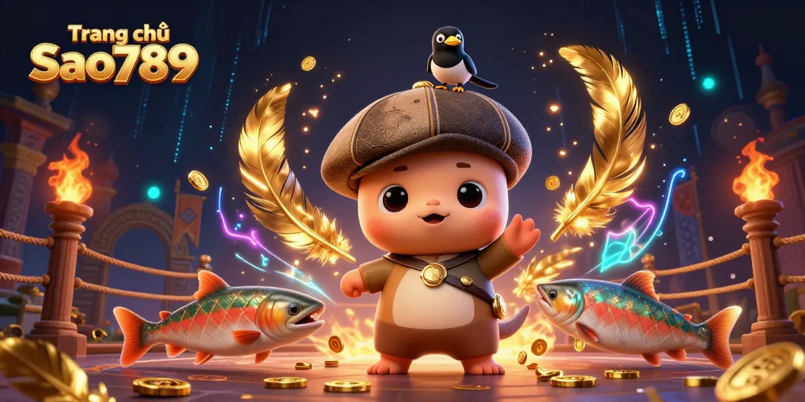 Engaging illustration of Trang chủ Sao789 featuring charming characters in a vibrant casino setting.