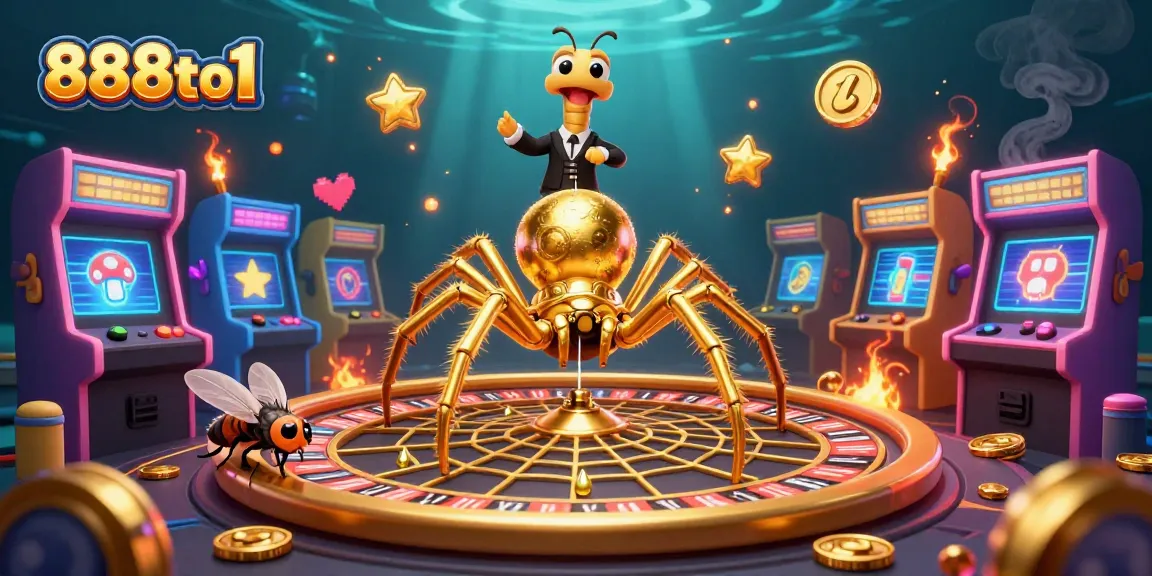 Experience the thrill of betting at 888to1 with a golden spider and centipede croupier in a vibrant casino.