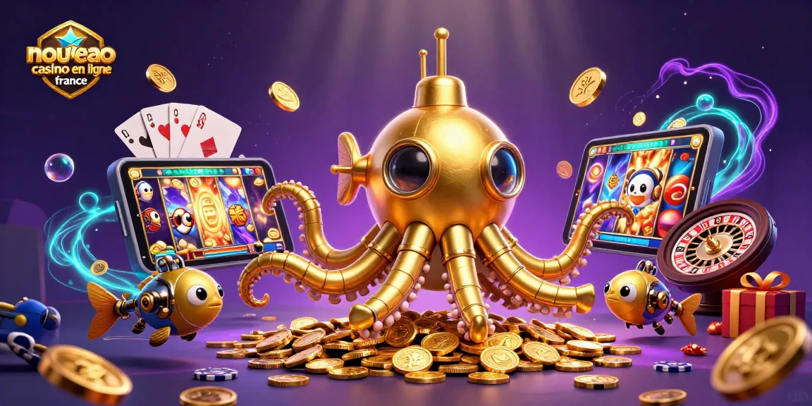 Plongez dans l'univers du nouveau casino en ligne France avec une illustration d'un kraken doré entouré de pièces et de jeux.