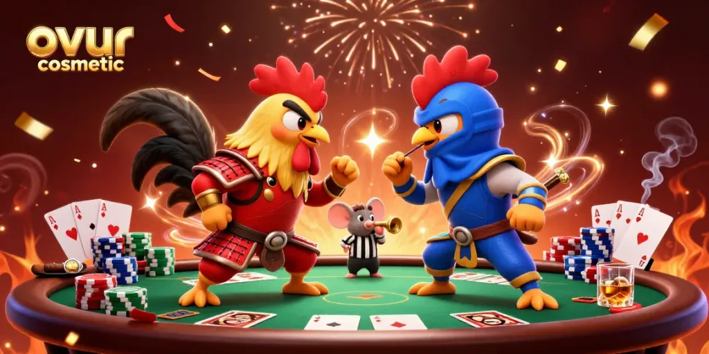 Engage with the action of ovur cosmetic as roosters duel amid a vibrant casino scene.