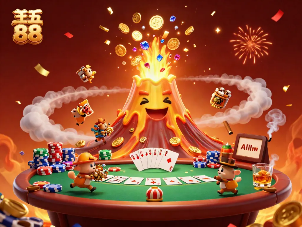 Engage with five 88's thrilling casino adventure featuring a golden volcano, treasures, and vibrant poker elements.