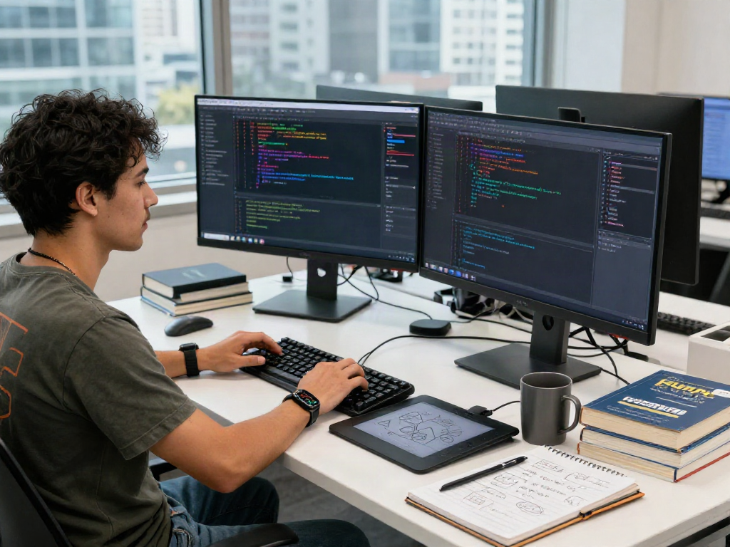 Software developer crush on coding in modern workspace with tech gadgets.