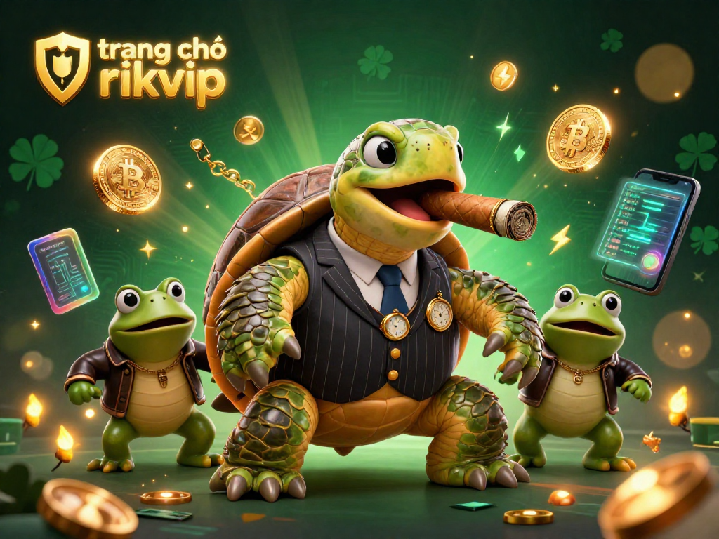 Experience the excitement of gaming at trang chủ rikvip with a lively casino scene featuring a cartoon turtle and bullfrogs.