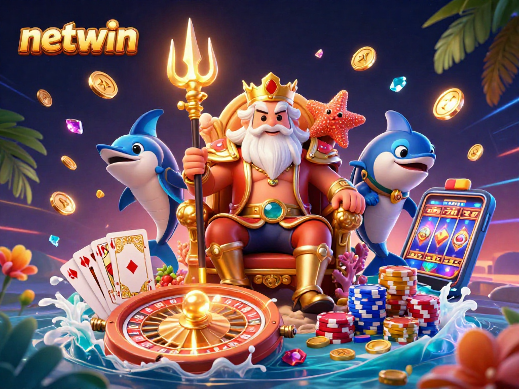 Experience winnings with netwin in this vibrant cartoon casino scene featuring Neptune and treasures.