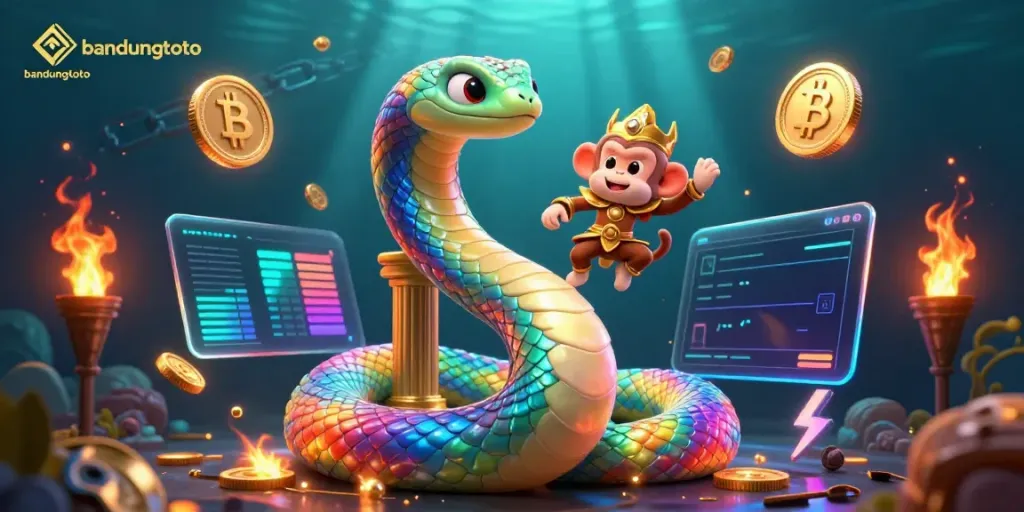 Engage with bandungtoto's exciting gaming scene showcasing a playful monkey king and a rainbow serpent.