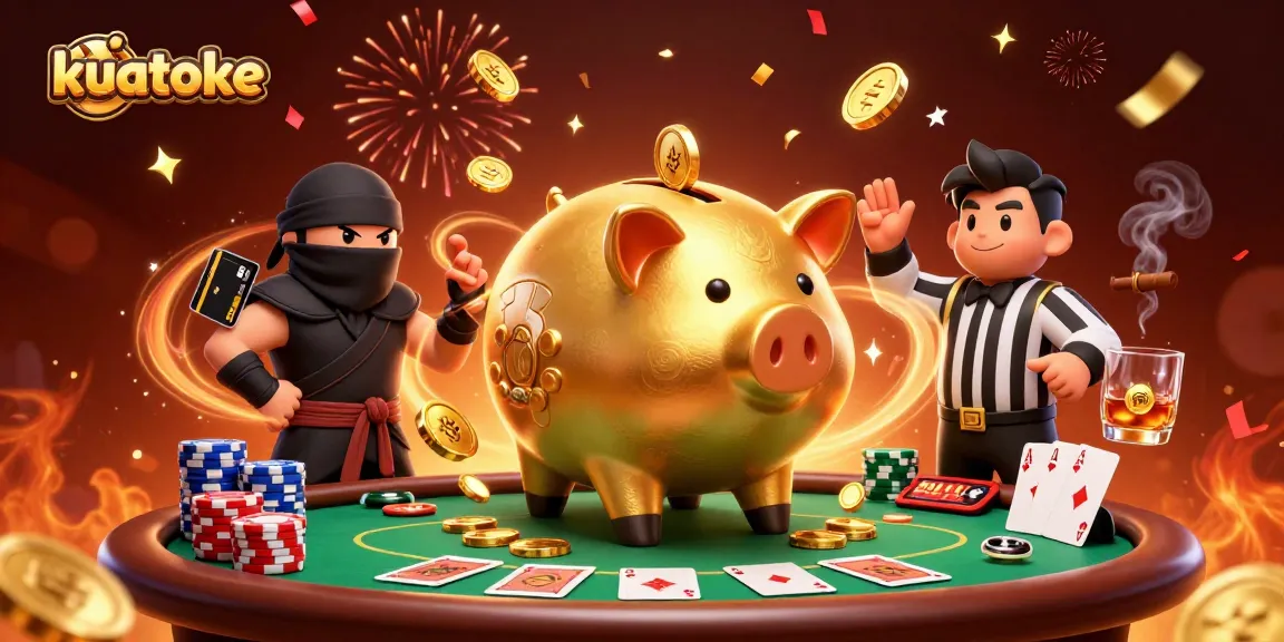 Kuatoke piggy bank sumo wrestler dominates poker chaos, winning coins and games.