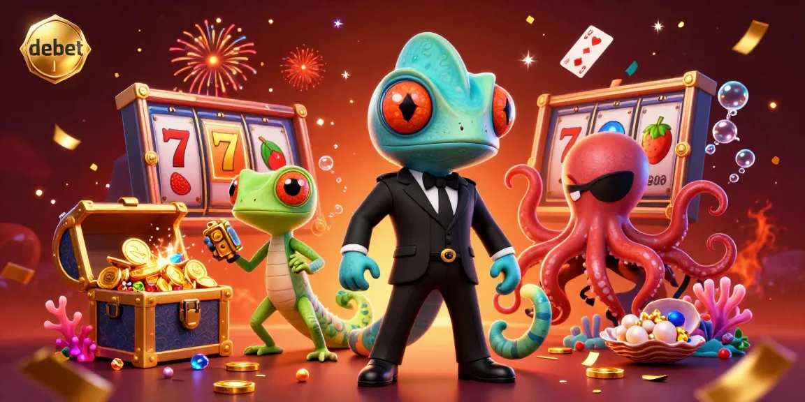Engage with the thrilling debet casino experience in this vibrant 3D illustration of a secret agent chameleon, tech-gecko, and octopus.