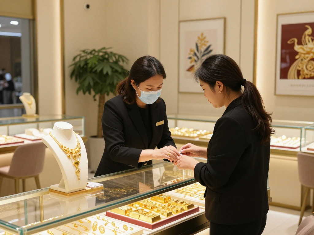 Expert guidance on mantra 88 in a luxurious gold jewelry store setting